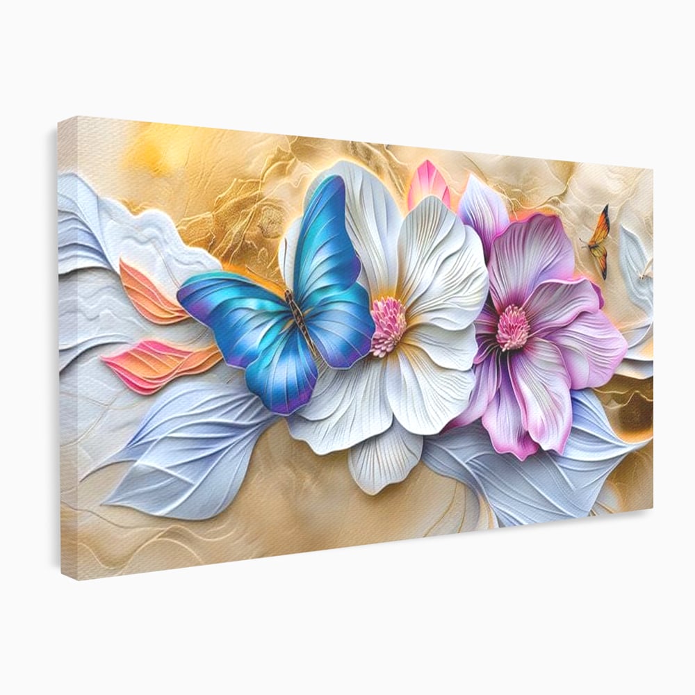 Tablou canvas cu tablou canvas cu flori si fluture, fara rama, pe sasiu de lemn